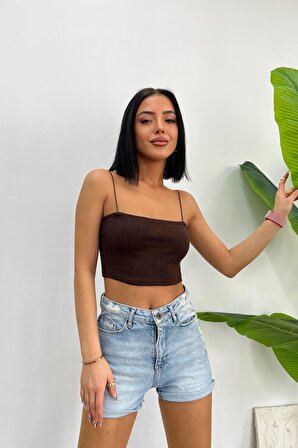 Kadın Slim Fit Kare Yaka İp Askılı Fitilli Crop Büstiyer