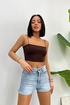 Kadın Slim Fit Kare Yaka İp Askılı Fitilli Crop Büstiyer