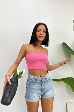 Kadın Slim Fit Kare Yaka İp Askılı Fitilli Crop Büstiyer