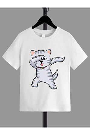 Unısex Rahat Kalıp Pamuklu Havalı Kedicik Baskılı Çocuk T-shirt