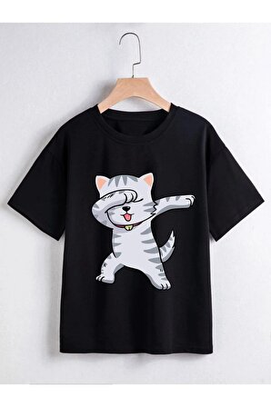 Unısex Rahat Kalıp Pamuklu Havalı Kedicik Baskılı Çocuk T-shirt