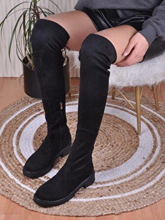 Siyah Kadın Çizme Diz Üstü Streç Çorap Fermuarlı Bayan Bot 177