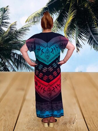Şile Bezi Oversize Taş Baskı Desenli Elbise - Çok Renkli - M Beden