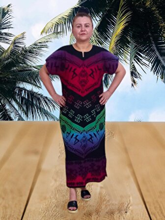 Şile Bezi Oversize Taş Baskı Desenli Elbise - Çok Renkli - L Beden