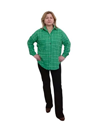 Channel Kumaş Oversize Gömlek - Renk Yeşil Beyaz - Beden Standart