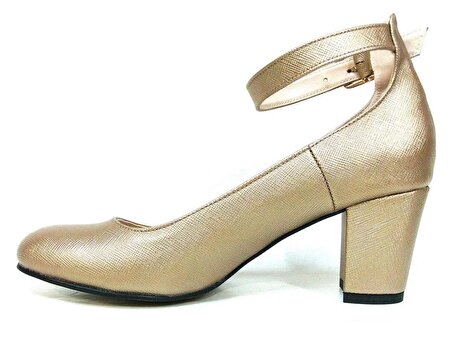 Zenay Koyu Altın Tokalı Bilekten Bağlamalı Topuklu Ayakkabı