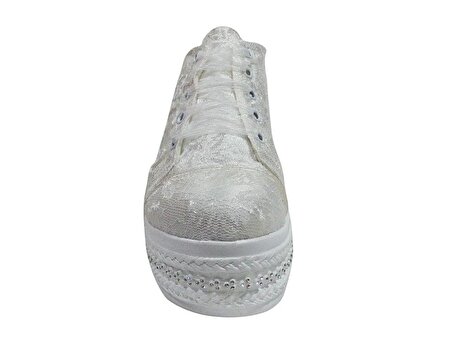 Miss Jena Beyaz Bağcıklı Tüllü Yüksek Taban Gelinlik Ayakkabısı
