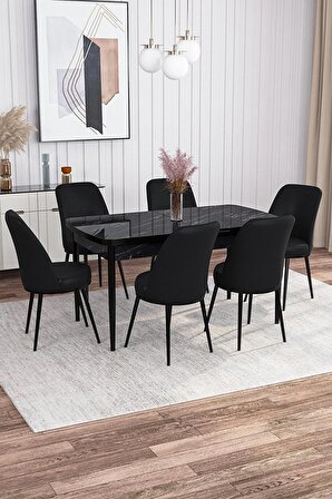 Rovena Leona Siyah Mermer 80x132 Açılabilir Mdf Yemek Odası Takımı 6 Adet Sandalye
