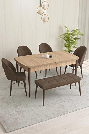 Rovena Marsilya Meşe 80x132 Açılabilir Mdf Mutfak Masası Takımı 4 Adet Sandalye+1 Bench