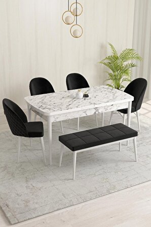 Rovena Marsilya Beyaz Mermer 80x132 Açılabilir Mdf Mutfak Masası Takımı 4 Adet Sandalye+1 Bench