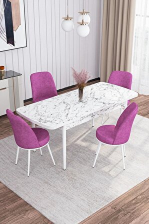 Rovena Leona Beyaz Mermer 80x132 Açılabilir Mdf Mutfak Masası Takımı 4 Adet Sandalye