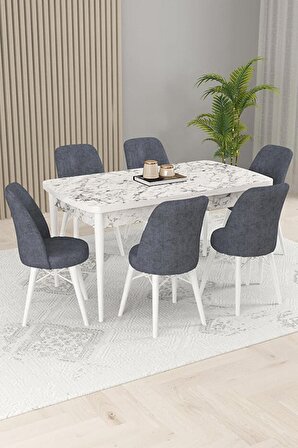 Rovena Kaf Beyaz Mermer 80x132 Açılabilir Suntalam Mutfak Masası Takımı 6 Adet Sandalye
