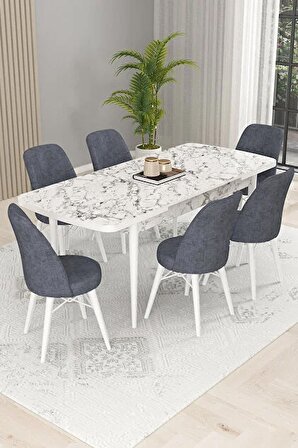 Rovena Kaf Beyaz Mermer 80x132 Açılabilir Suntalam Mutfak Masası Takımı 6 Adet Sandalye