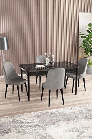 Rovena Armin Siyah Mermer 80x132 Açılabilir Mdf Mutfak Masası Takımı 4 Adet Sandalye
