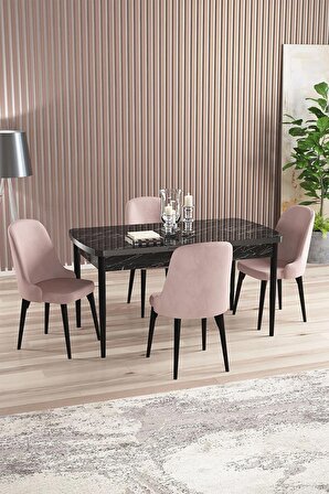 Rovena Armin Siyah Mermer 80x132 Açılabilir Mdf Mutfak Masası Takımı 4 Adet Sandalye