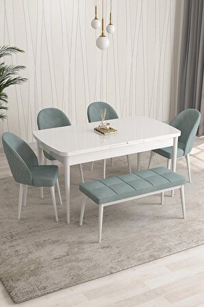 Rovena Arjeta Beyaz 80x132 Açılabilir Mdf Mutfak Masası Takımı 4 Adet Sandalye+1 Bench