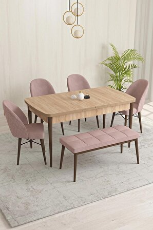 Rovena Marsilya Meşe 80x132 Açılabilir Mdf Mutfak Masası Takımı 4 Adet Sandalye+1 Bench