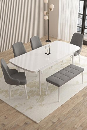 Rovena Flora Beyaz 80x132 Açılabilir Mdf Mutfak Masası Takımı 4 Adet Sandalye+1 Bench