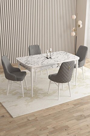 Rovena Flora Beyaz Mermer 80x132 Açılabilir Mdf Mutfak Masası Takımı 4 Adet Sandalye