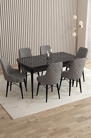 Rovena Flora Siyah Mermer 80x132 Açılabilir Mdf Mutfak Masası Takımı 6 Adet Sandalye