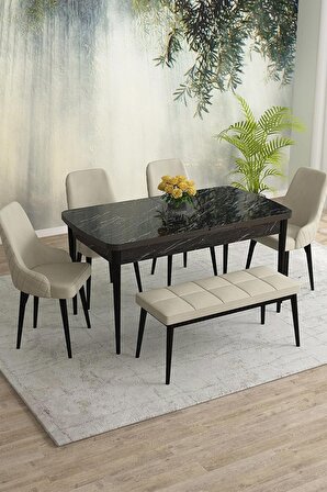 Rovena Eylül Siyah Mermer 80x132 Açılabilir Mdf Mutfak Masası Takımı 4 Adet Sandalye+1 Bench