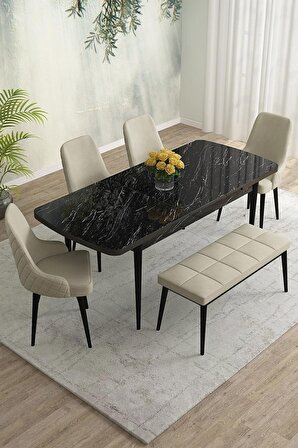 Rovena Eylül Siyah Mermer 80x132 Açılabilir Mdf Mutfak Masası Takımı 4 Adet Sandalye+1 Bench