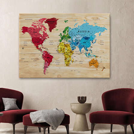 Harita Sepeti Ahşap Görünümlü Dünya Haritası Ayrıntılı ve Dekoratif Kanvas Tablo 1812