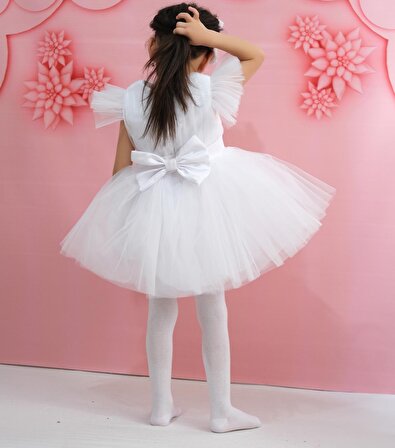 Kız Çocuk Abiye Beyaz Parıltılı Tütü Etekli Kabarık Parıltılı Kloş Abiye Elbise