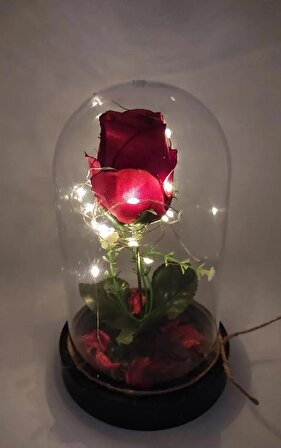 Kırmızı Gül Yapay Fanus Işıklı Çiçek Hediye