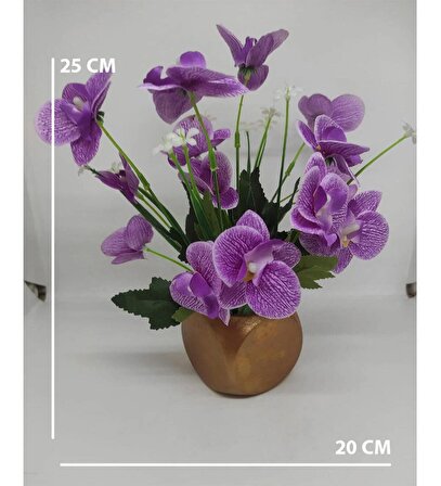 Orkide Sevdiklerinize Yapay Çiçek Mor Eflatun Orkide Saksılı Hediye Gold Bronz Saksılı