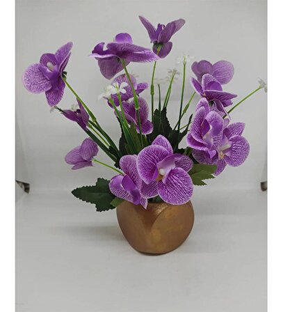 Orkide Sevdiklerinize Yapay Çiçek Mor Eflatun Orkide Saksılı Hediye Gold Bronz Saksılı