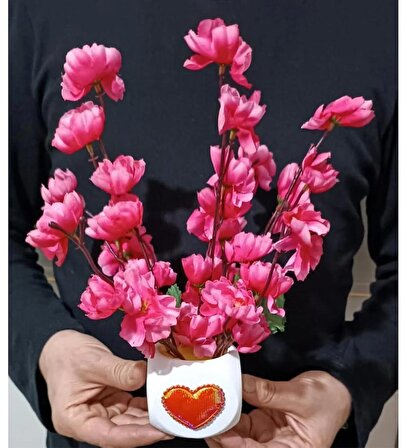 Sevdiklerinize Sevgiliye Bahar Dalı & Fuşya Saksılı Kalp Figürlü Çiçek Yapay Ürün