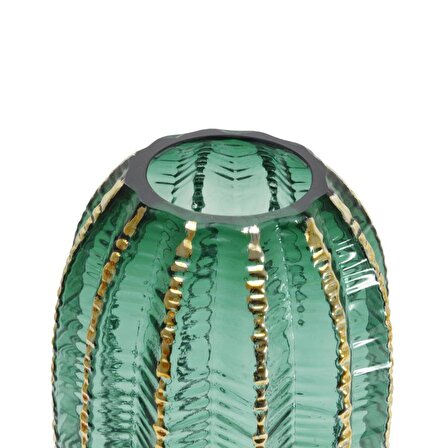 T.Concept Dekoratif Zarif Yeşil Oval Altın Çizgi Desenli Cam Vazo  
