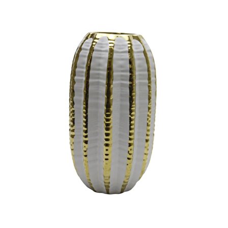 T.Concept Dekoratif  Kıvrım Kenarlı Seramik Beyaz Vazo Gold Çizgili