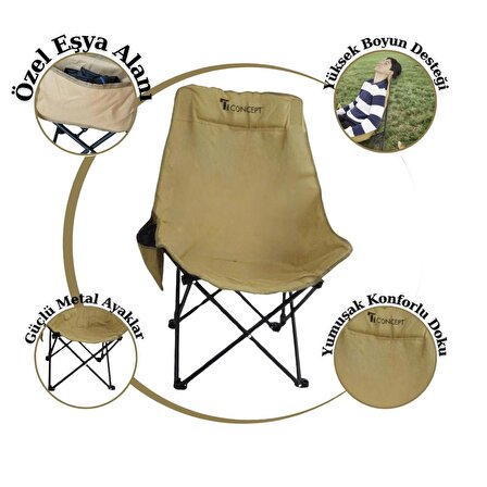 T.Concept Konforlu Metal Ayaklı Katlanabilir Büyük Geniş Kamp Sandalye Hardal Renk