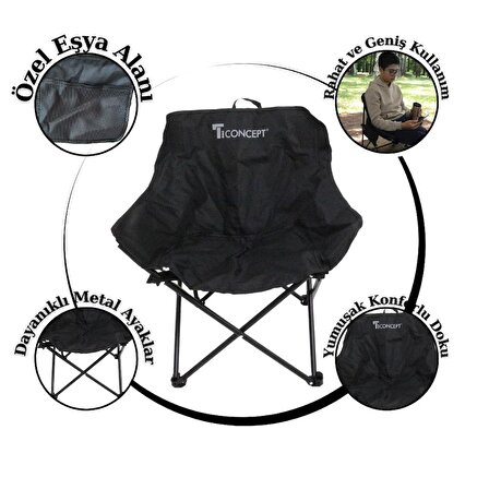 T.Concept Konforlu Kolay Taşınabilir Metal Ayaklı Katlanabilir Büyük Geniş Kamp Sandalye Siyah Renk