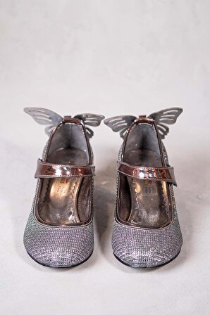 Kız Çocuk Topuklu Ayakkabı Kelebek Detaylı Platin