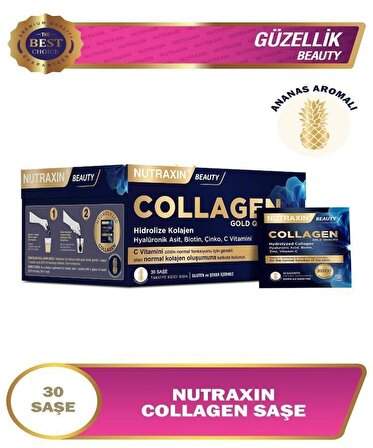 Nutraxin Collagen 10000 mg 30 Saşe Hidrolize Kolajen, Hyalüronik Asit, Biotin, Çinko, C Vitamini İçeren Takviye Edici Gıda Elfa1