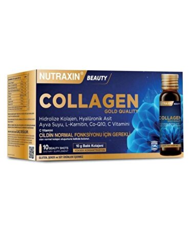 Nutraxin Beauty Gold Collagen 10 x 50 ML Shots Hyalüronik asit, L-karnitin, Co-Q10 ve C vitamini içeren 10000 mg balık kolajenidir elfa1 