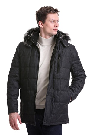 Siyah Slim Fit Hakim Yaka Kürklü Kapüşonlu Kaban | M