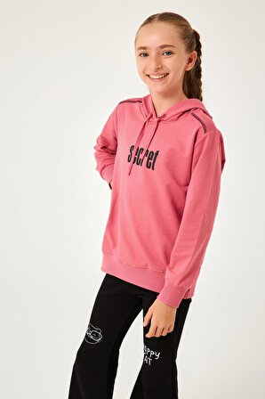 Secret Baskı Detaylı Kız Çocuk Kapüşonlu Sweatshirt Gül Kurusu