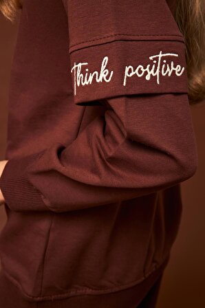 Think Positive Nakış Detaylı Kız Çocuk Sweatshirt Kahverengi