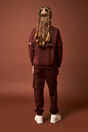 Think Positive Nakış Detaylı Kız Çocuk Sweatshirt Kahverengi