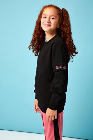 Think Positive Nakış Detaylı Kız Çocuk Sweatshirt Siyah
