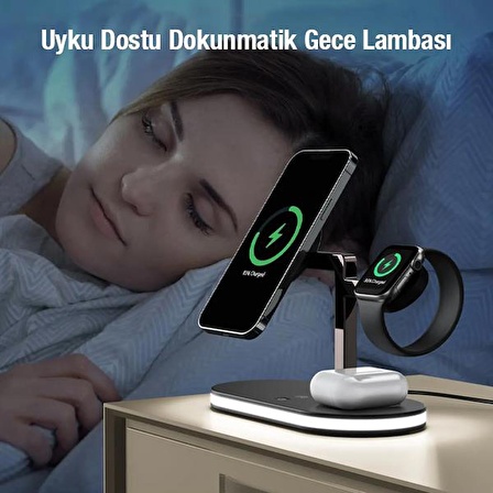 Coofbe 15W 4in1 Gece Lambalı Magsafe Kablosuz Şarj Standı, İphone, Apple Watch Uyumlu ve Airpods Pro/2 Şarj 