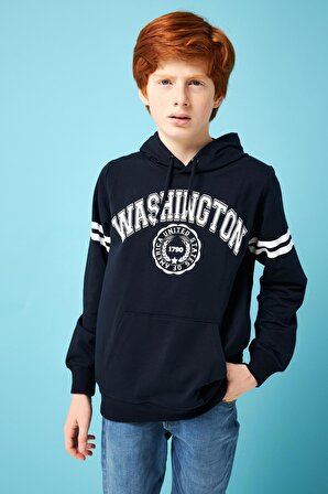 Washington Baskılı Kapüşonlu Erkek Çocuk Sweatshirt Lacivert