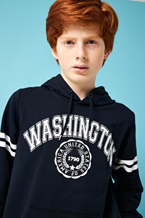 Washington Baskılı Kapüşonlu Erkek Çocuk Sweatshirt Lacivert