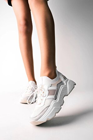 Kadın Sneaker Yüksek Taban Bağcıklı Triko spor Ayakkabı BEYAZ