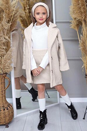 Kız Çocuk Peluş Ceketli Bluzlu ve Bandanalı Ekru Etekli Takım