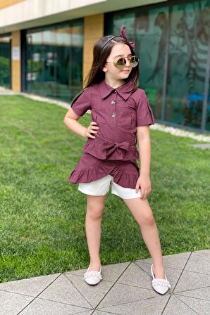 Kız Çocuk Belden Bağlamalı Düğme Detaylı Eteği Fırfırlı Mor  Elbise